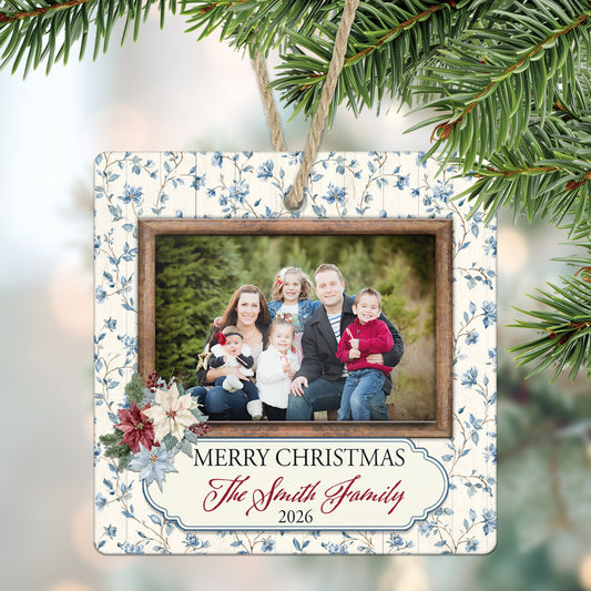 Vintage Blue Floral Personalized Christmas Photo Ornament