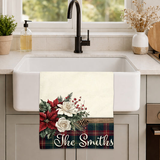 Vintage Christmas Floral Plaid Personalized Kitchen Towel
