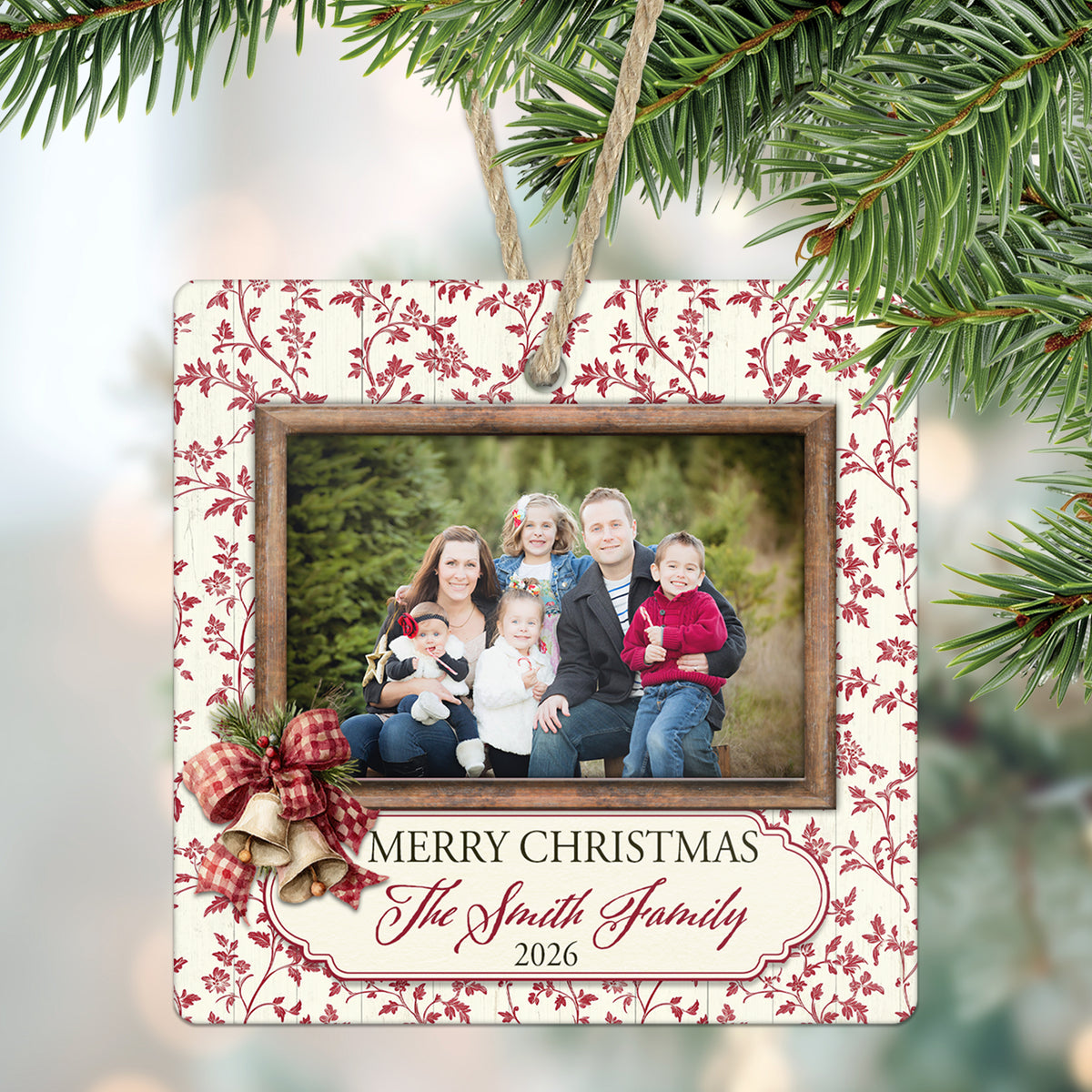 Vintage Red Toile Personalized Christmas Photo Ornament