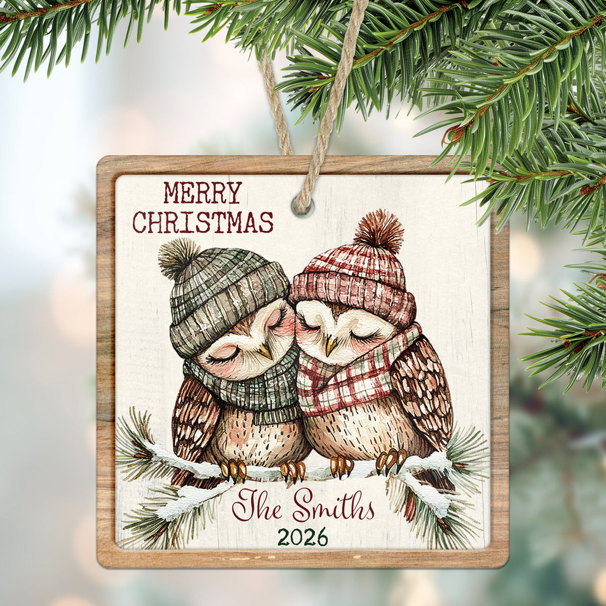 Cozy Christmas Owls Personalized Family Ornament