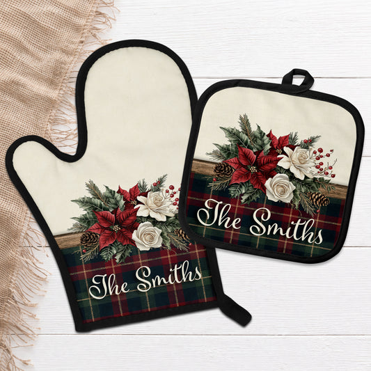 Vintage Christmas Floral Plaid Personalized Oven Mitt & Pot Holder Set