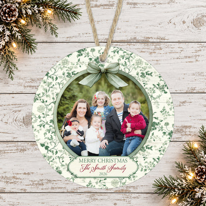 Vintage Green Toile Personalized Christmas Photo Ornament