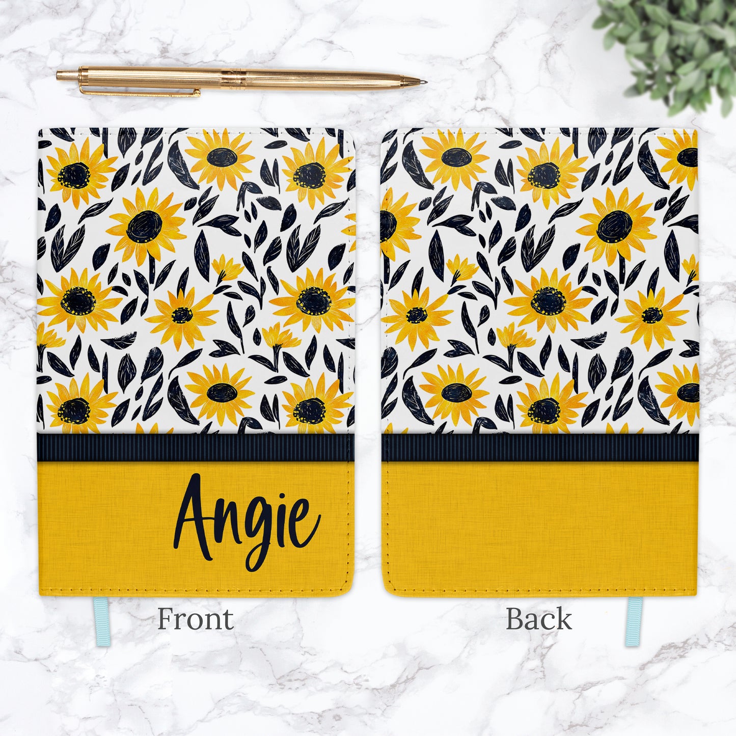 Navy Sunflower Floral Pattern Personalized Journal