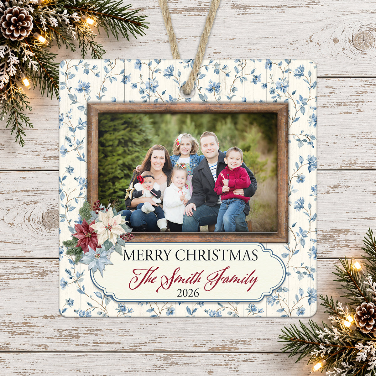 Vintage Blue Floral Personalized Christmas Photo Ornament