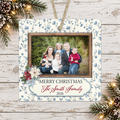 Vintage Blue Floral Personalized Christmas Photo Ornament