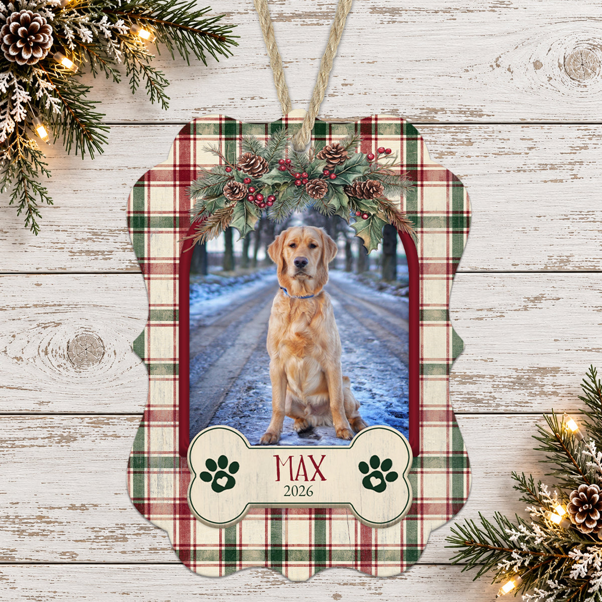 Vintage Christmas Plaid Personalized Pet Photo Ornament