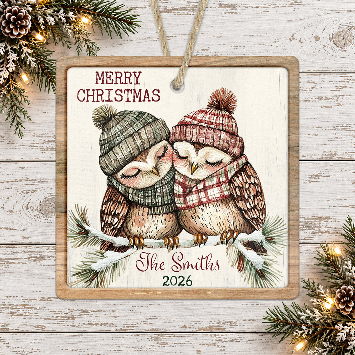 Cozy Christmas Owls Personalized Family Ornament