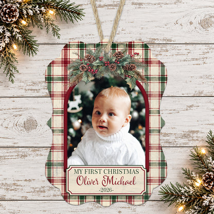 Vintage Christmas Plaid Personalized Photo Ornament