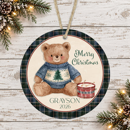 Vintage Christmas Teddy Bear & Drum Personalized Boy Ornament
