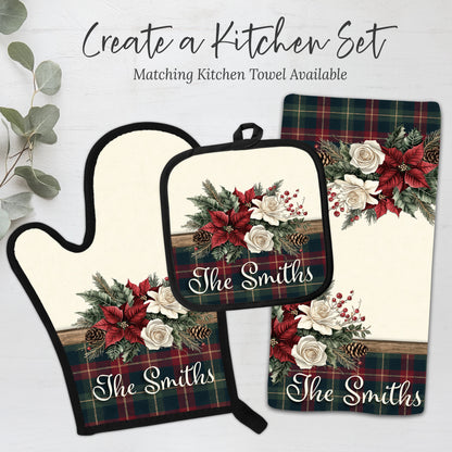 Vintage Christmas Floral Plaid Personalized Oven Mitt & Pot Holder Set