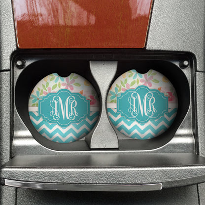 Vintage Floral and Teal Chevron Personalized Car Coasters