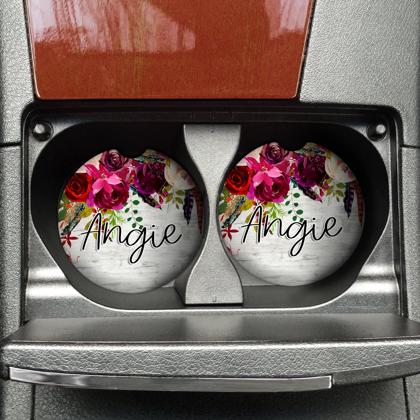 Boho Wooden Burgundy Floral Drop Personalized Car Coasters