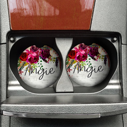Boho Wooden Burgundy Floral Drop Personalized Car Coasters