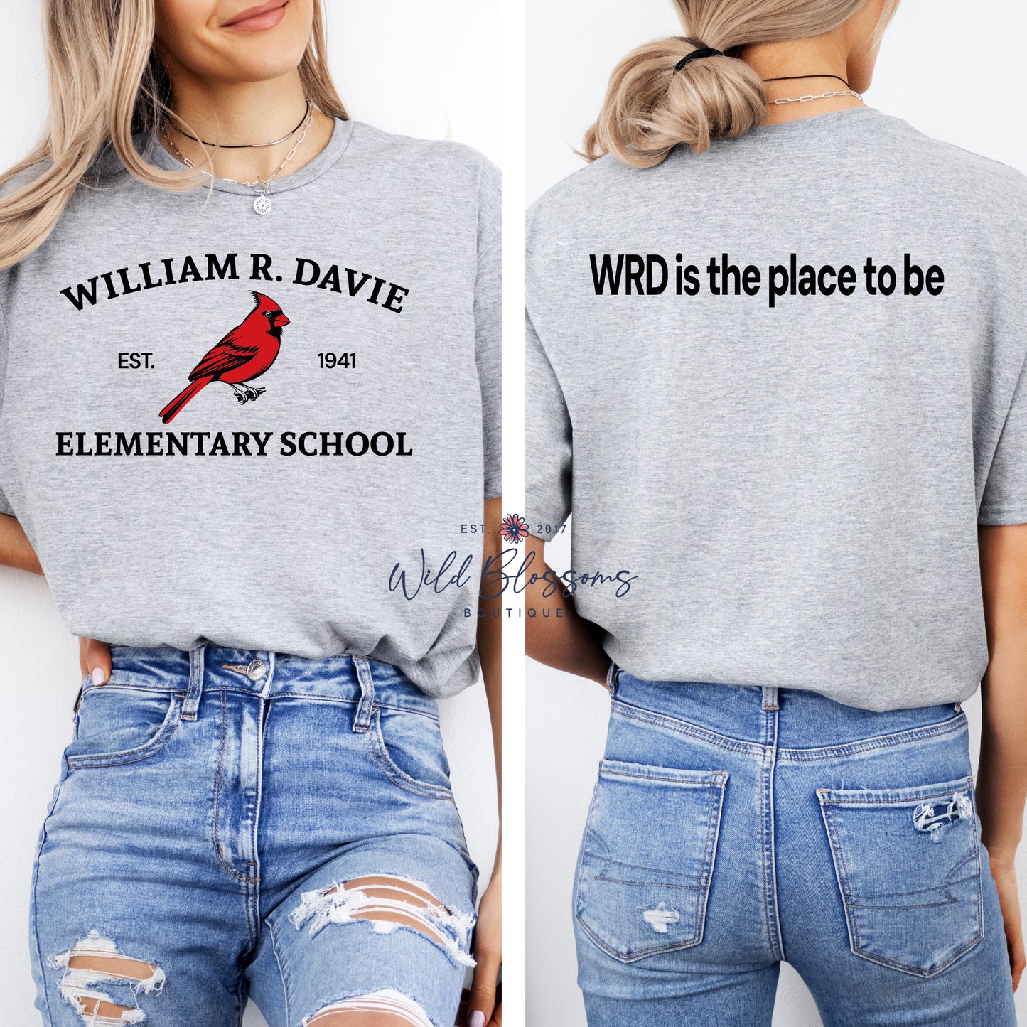 Gray t-shirt with 'William R. Davie Elementary School' design on front and 'WRD is the place to be' on back, worn with ripped jeans.