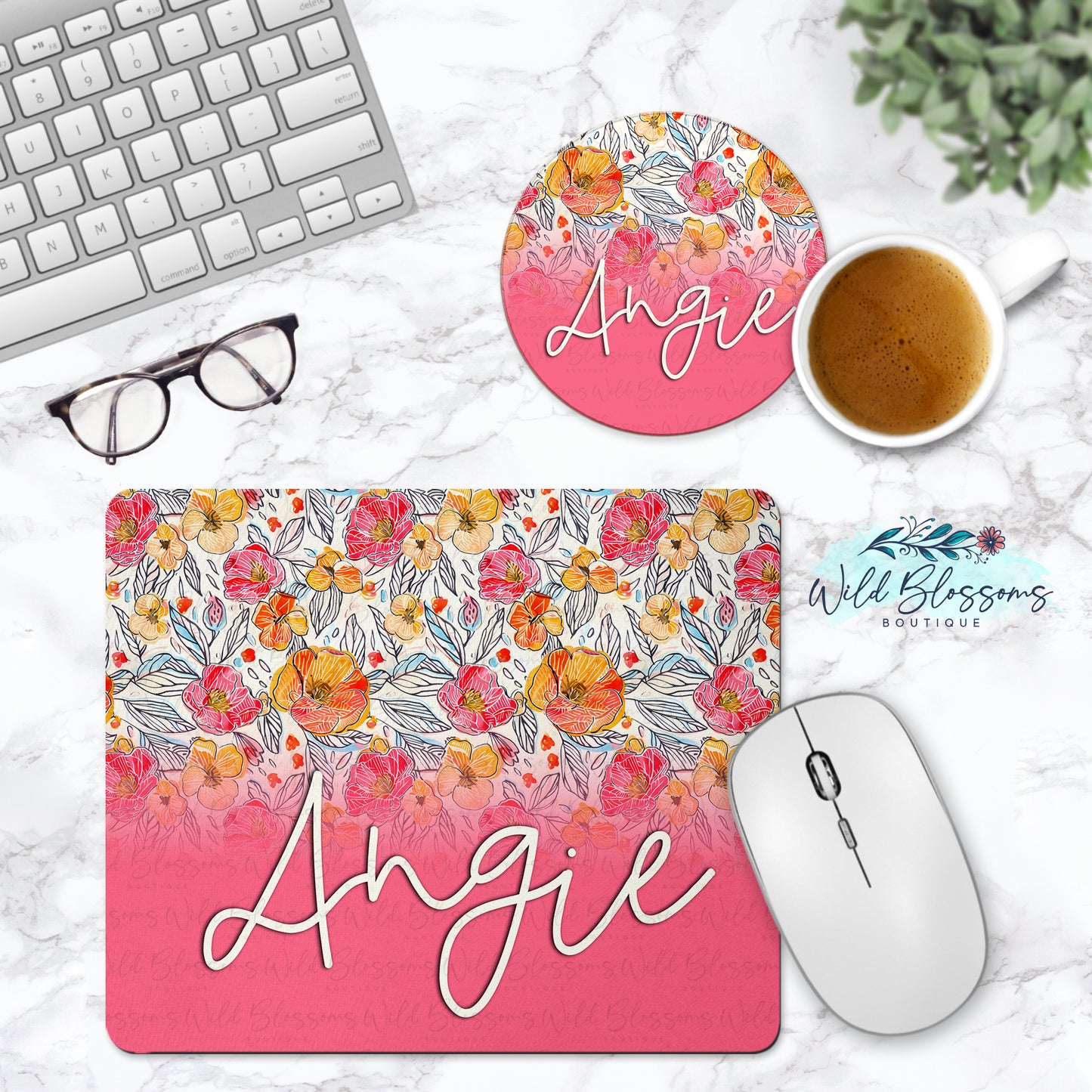 Colorful Wildflower Personalized Mouse Pad And Coaster Desk Set - 5 Designs To Choose From