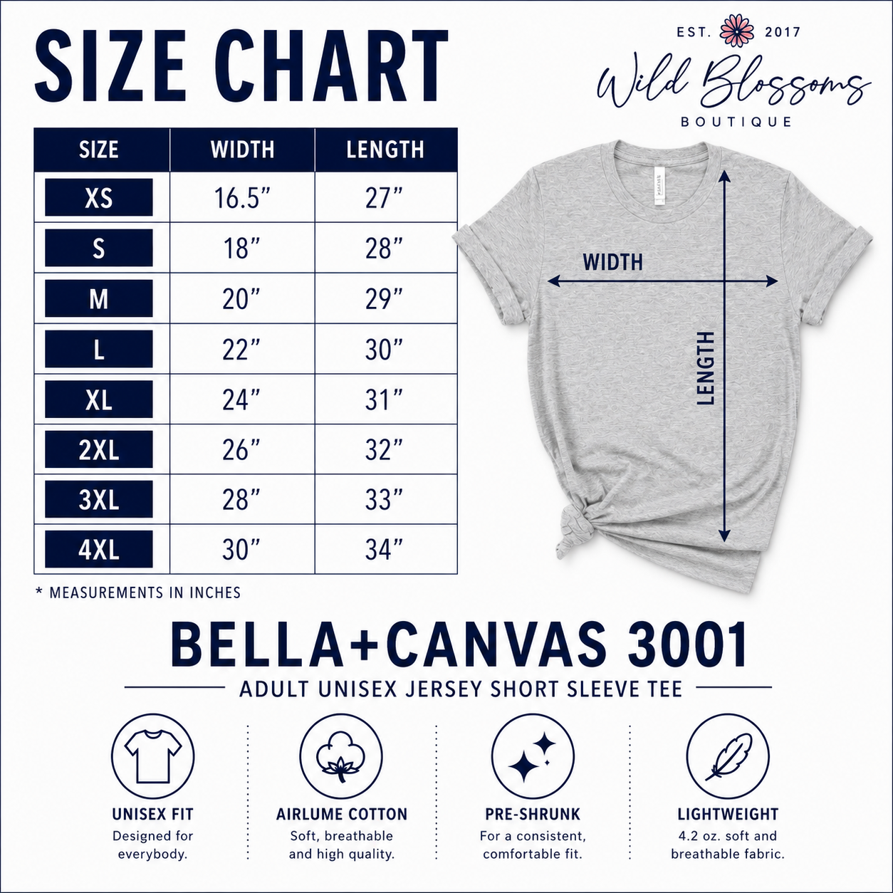 Size chart graphic for Wild Blossoms Boutique showing measurements in inches for sizes XS through 4XL, alongside a heather gray short-sleeve t-shirt with arrows indicating width and length. Text at the bottom identifies the tee as Bella+Canvas 3001 and lists four feature callouts.