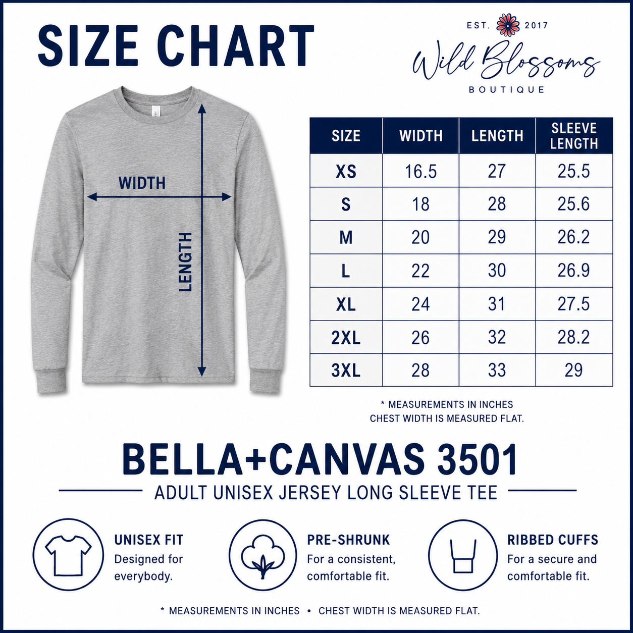 A size chart graphic for a heather gray long-sleeve crewneck t-shirt by Bella+Canvas, showing a body measurement diagram on the left and a sizing table on the right with sizes XS through 3XL, width, length, and sleeve length measurements. The Wild Blossoms Boutique logo is visible at the top right.