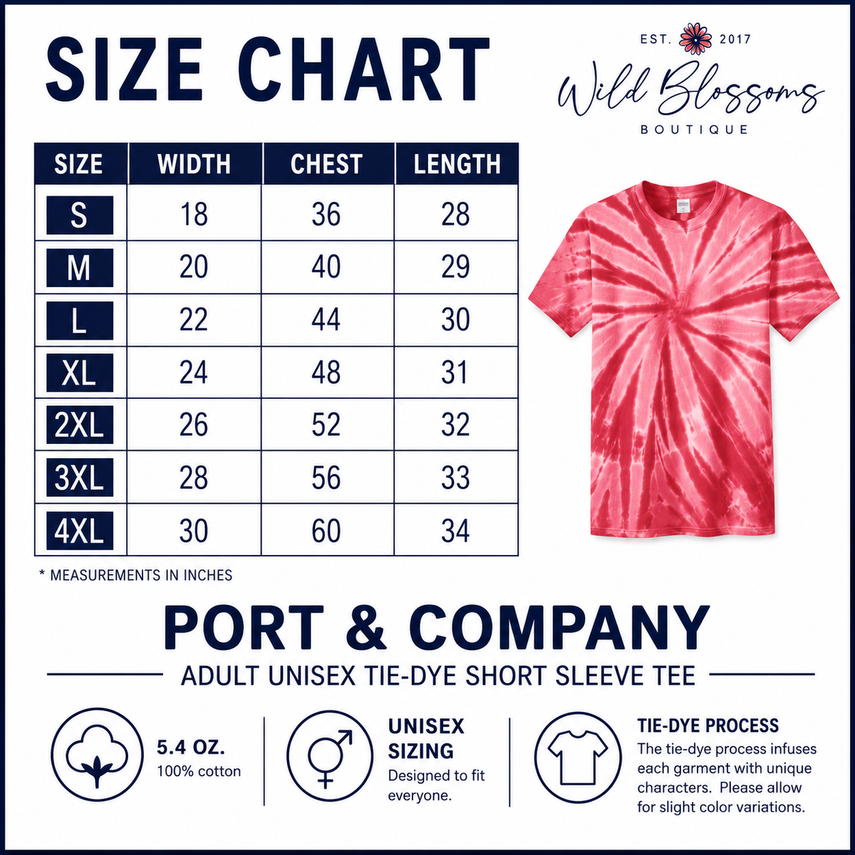 A size chart and informational graphic for Wild Blossoms Boutique tie-dye short sleeve t-shirts. The top half contains a size table from S to 4XL with width, chest, and length measurements.