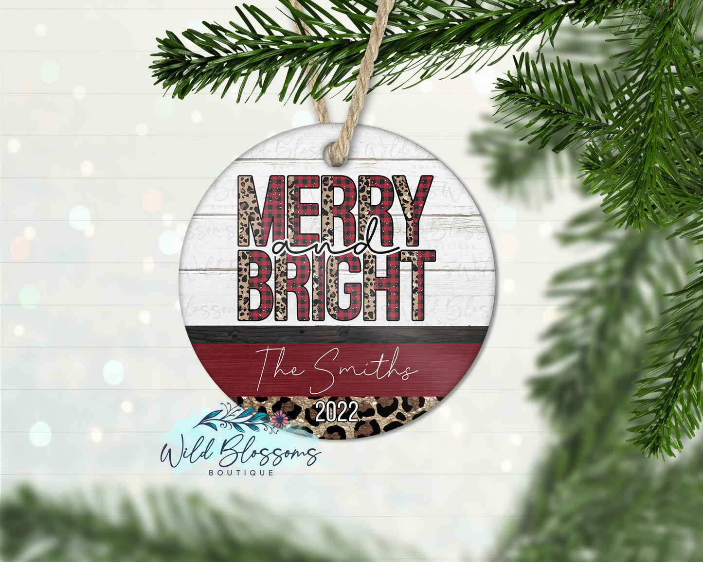 Wooden Buffalo Plaid and Leopard Print Merry and Bright Personalized Ornament