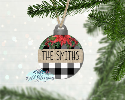 Buffalo Plaid Poinsettia Christmas Ball Ornament