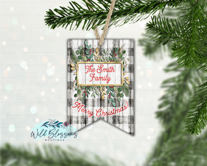 Wooden Buffalo Plaid Christmas Holly Personalized Ornament
