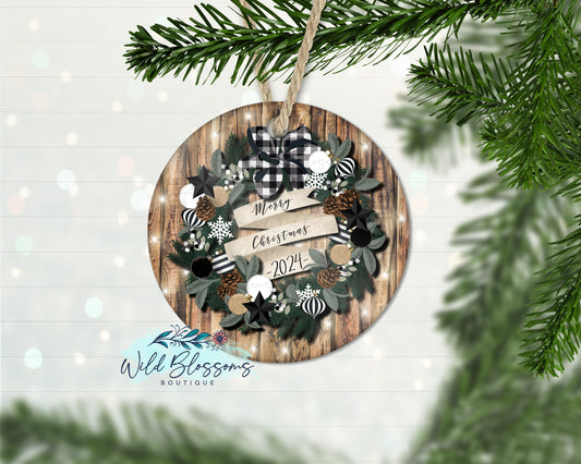 Merry Christmas Buffalo Plaid Wreath Ornament
