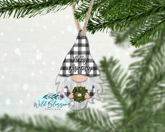 Buffalo Plaid Magnolia Wreath Gnome Ornament
