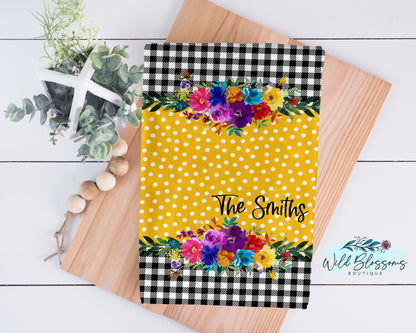 Buffalo Plaid Bright Floral Mustard Polka Dot Personalized Kitchen Towel