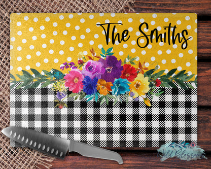 Buffalo Plaid Bright Floral Mustard Polka Dot Personalized Kitchen Towel