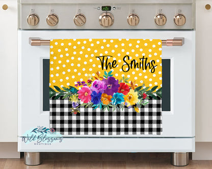 Buffalo Plaid Bright Floral Mustard Polka Dot Personalized Kitchen Towel