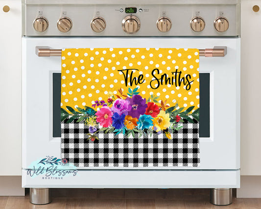 Buffalo Plaid Bright Floral Mustard Polka Dot Personalized Kitchen Towel