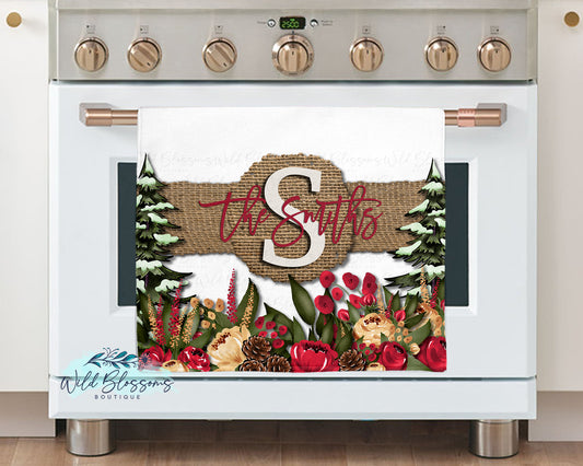 Christmas Floral Burlap Kitchen Towel