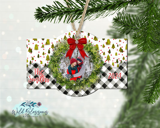 Buffalo Plaid Christmas Tree Personalized Marquee Photo Ornament
