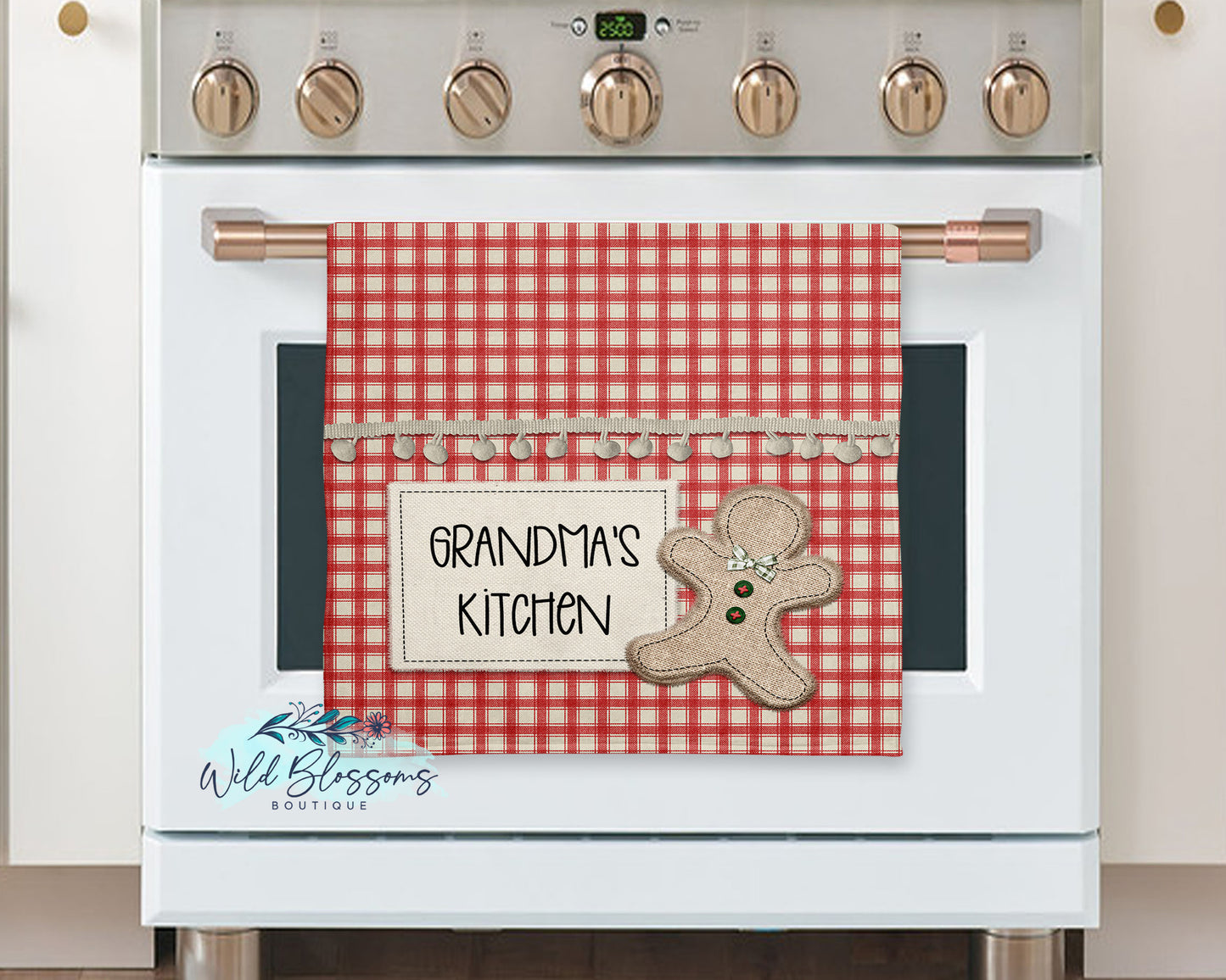 Red Buffalo Plaid Burlap Gingerbread Christmas Personalized Kitchen Towel