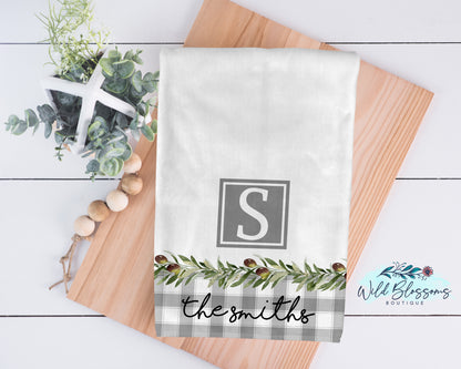 Grey Buffalo Plaid Olive Branch Personalized Kitchen Towel