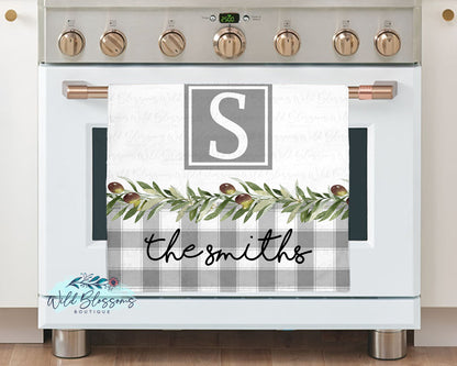Grey Buffalo Plaid Olive Branch Personalized Kitchen Towel