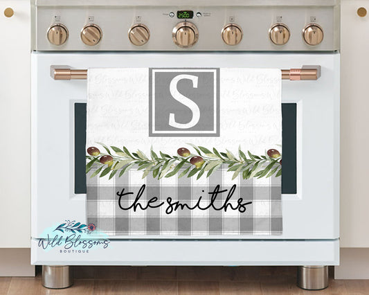 Grey Buffalo Plaid Olive Branch Personalized Kitchen Towel