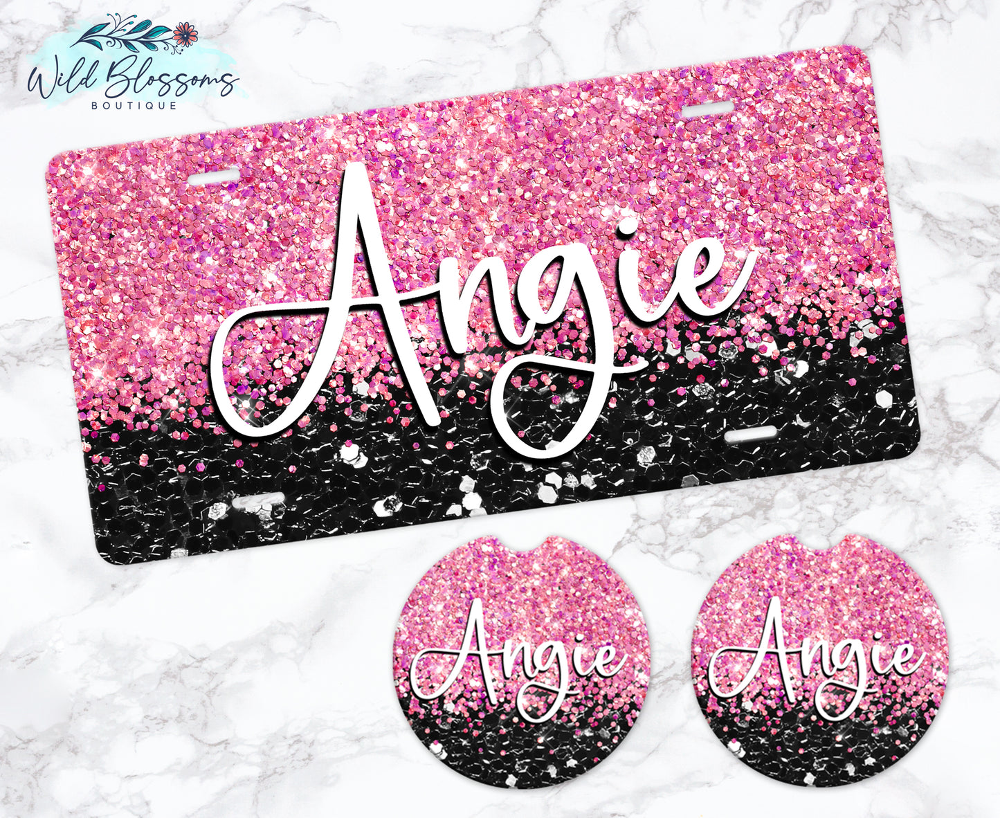 Black And Pink Glitter Personalized Car Coasters