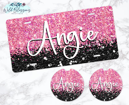 Black And Pink Glitter Personalized Car Coasters