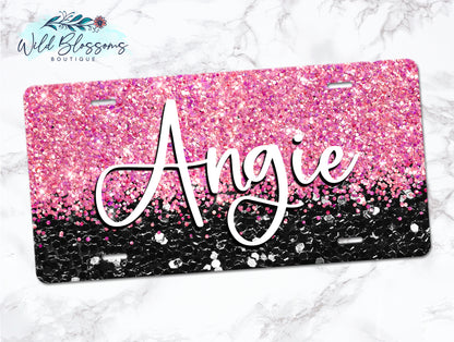 Black And Pink Glitter Personalized License Plate