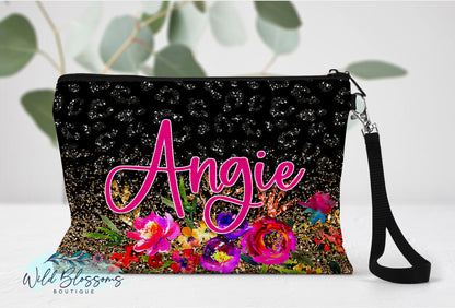 Black Glitter Look Leopard Print Floral Personalized Linen Bag