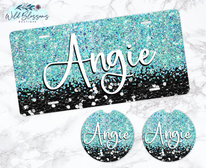 Black And Turquoise Glitter Personalized Car Coasters