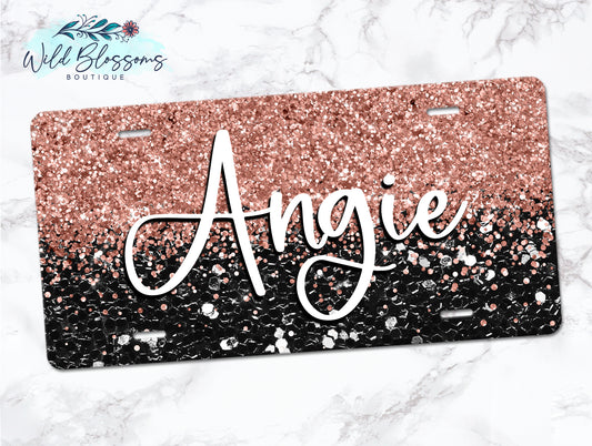 Black And Rose Gold Glitter Personalized License Plate