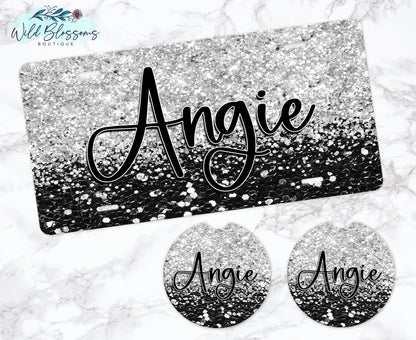 Black And Silver Glitter Personalized Car Coasters