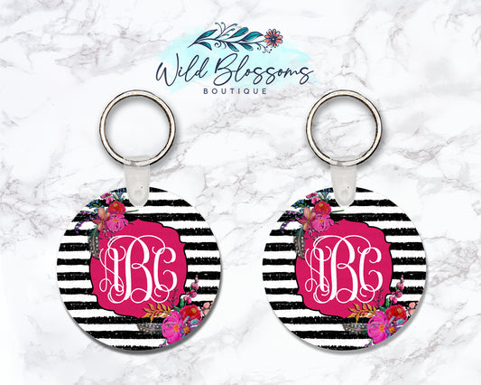 Black And White Striped Bright Floral Personalized Round Keychain