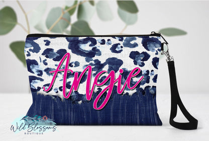 Blue Watercolor Leopard Print Personalized Linen Bag