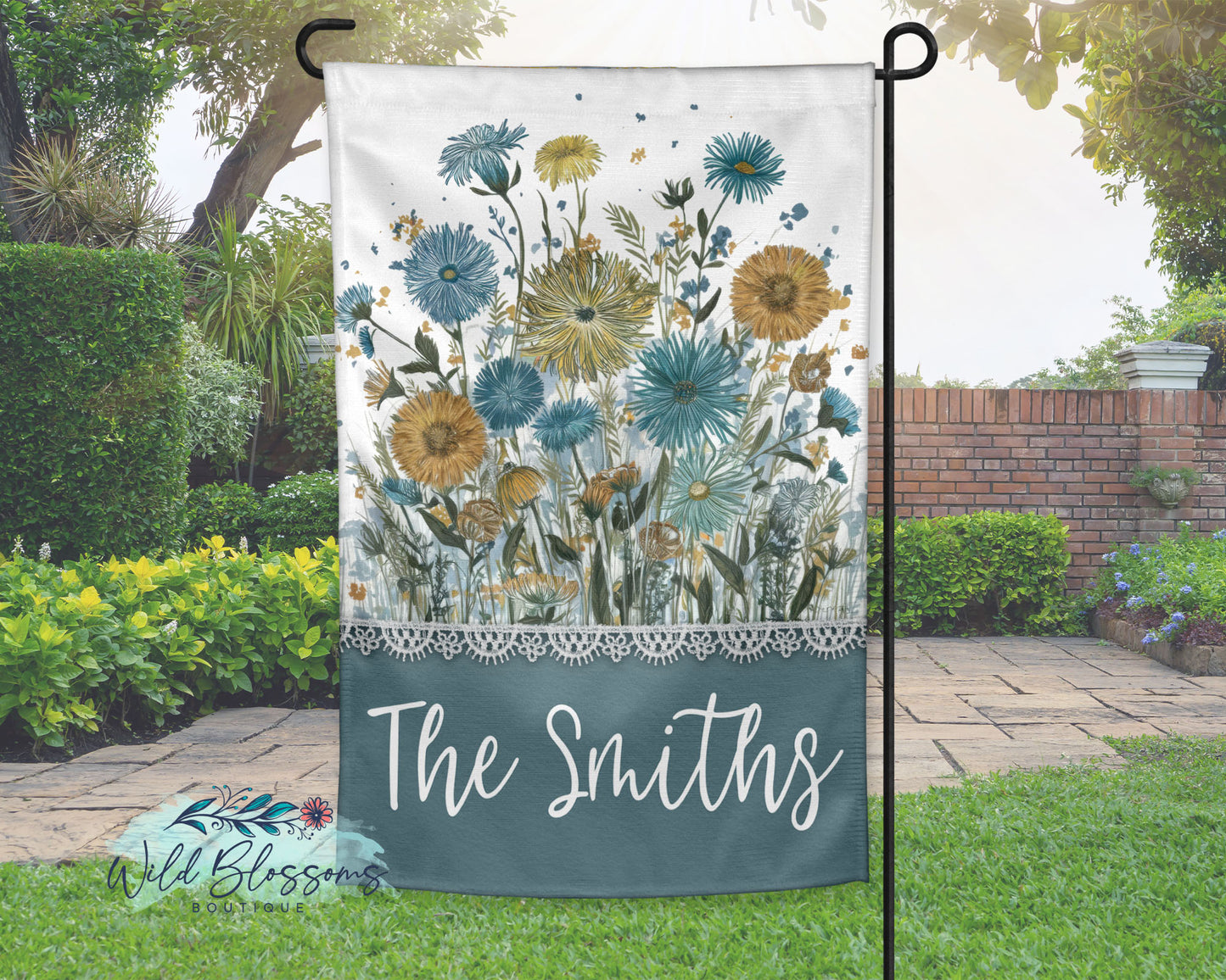 Blue and Yellow Wildflower Personalized Garden Flag