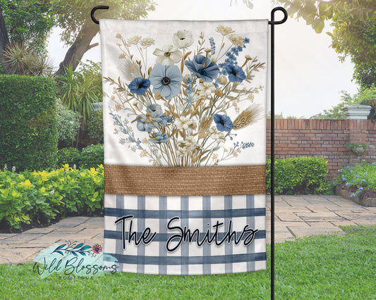Blue Buffalo Plaid Wildflower Personalized Garden Flag