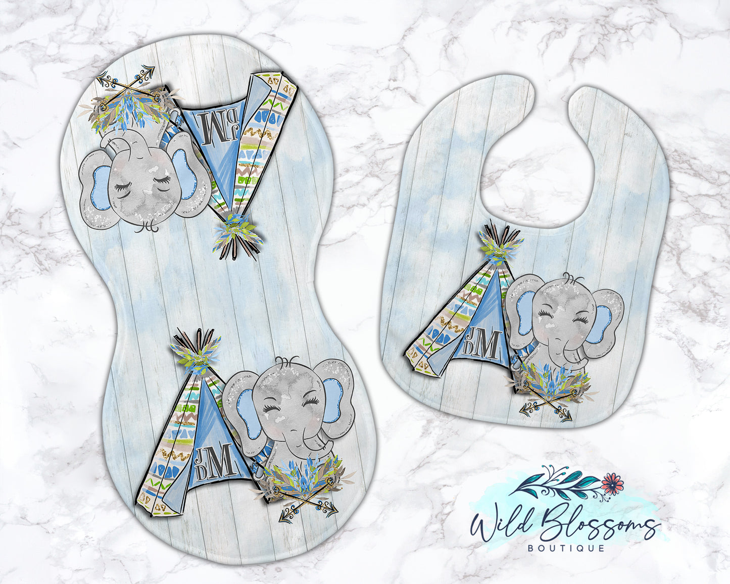 Blue Boho Elephant Personalized Baby Bib And Burp Cloth Set