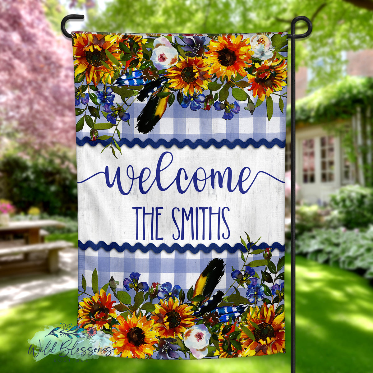 Blue Gingham Sunflowers Personalized Garden Flag